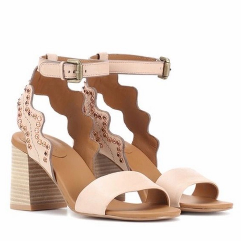 See by Chloé Crystal-Embellished Leather Sandals Tan nude ankle Size 41 US 10